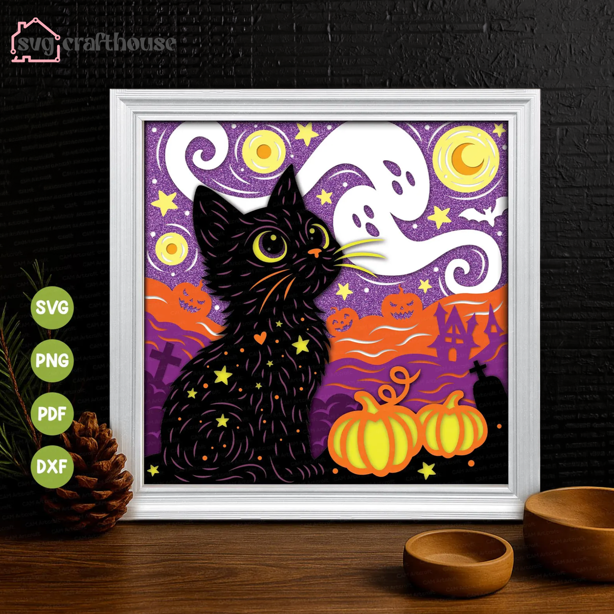 Halloween Black Cat Starry Night — Free Layered Shadow Box SVG for Cricut & Silhouette