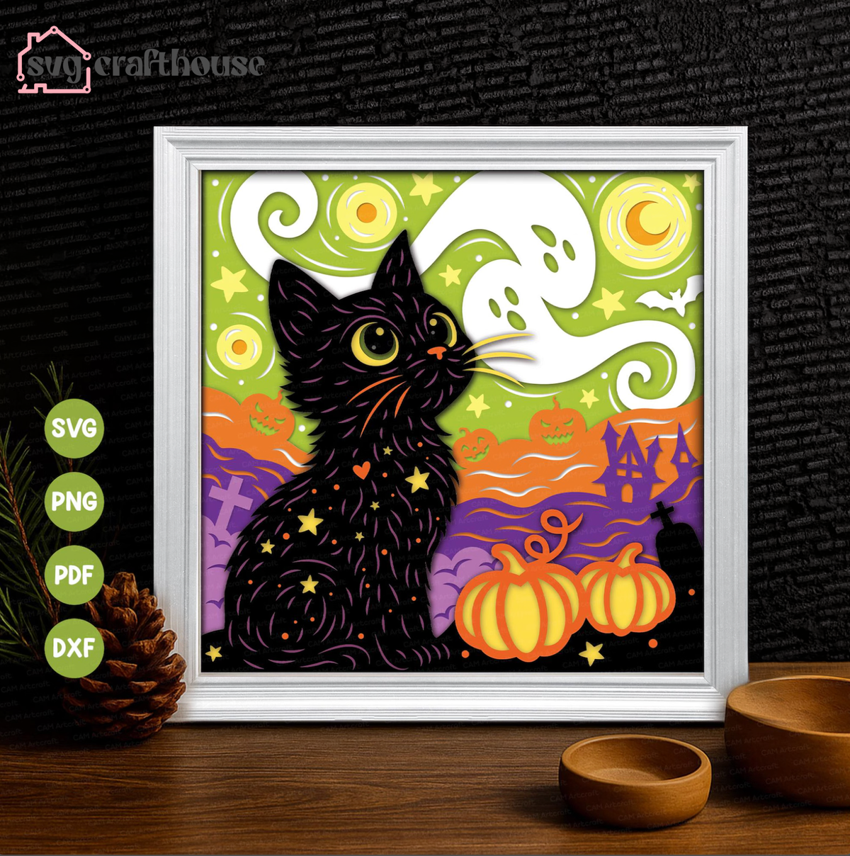 Halloween Black Cat Starry Night — Free Layered Shadow Box SVG for Cricut & Silhouette