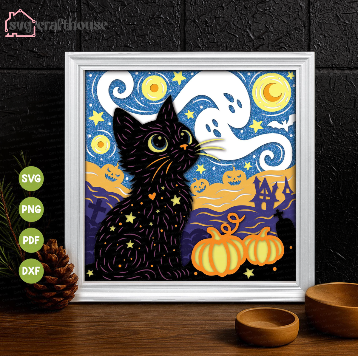 Halloween Black Cat Starry Night — Free Layered Shadow Box SVG for Cricut & Silhouette